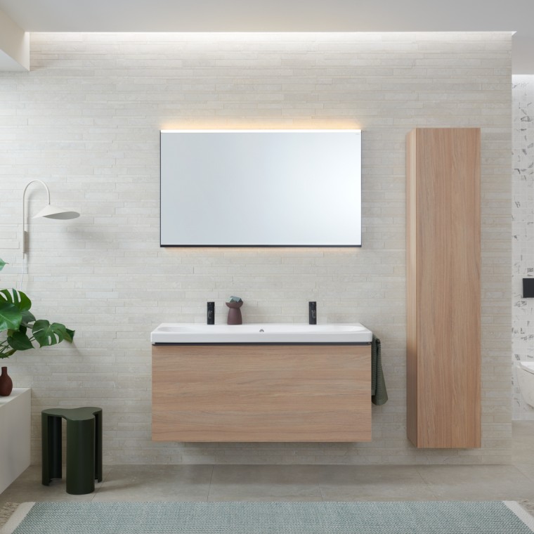 Geberit Acanto dubbele wastafel met eiken onderkast Geberit Acanto dubbele wastafel met eiken onderkast