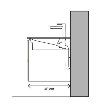 Afbeelding van de wastafel met een diepte van 48 cm en CleanDrain afvoer