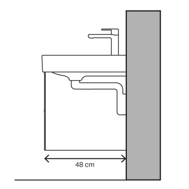 Afbeelding van de wastafel met een diepte van 48 cm en een verticale afvoer