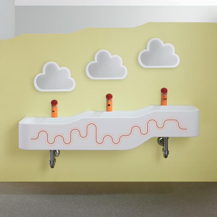 Geberit Bambini speel- en wasruimte in karmijnrood en oranje Geberit Bambini speel- en wasruimte in karmijnrood en oranje