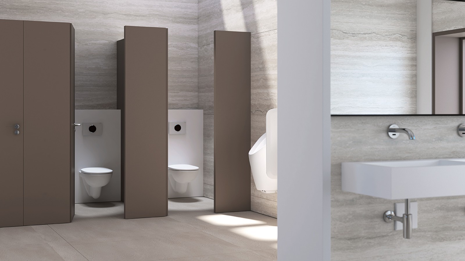 Openbaar toilet met Geberit reservoirs, bedieningsplaten en urinoir
