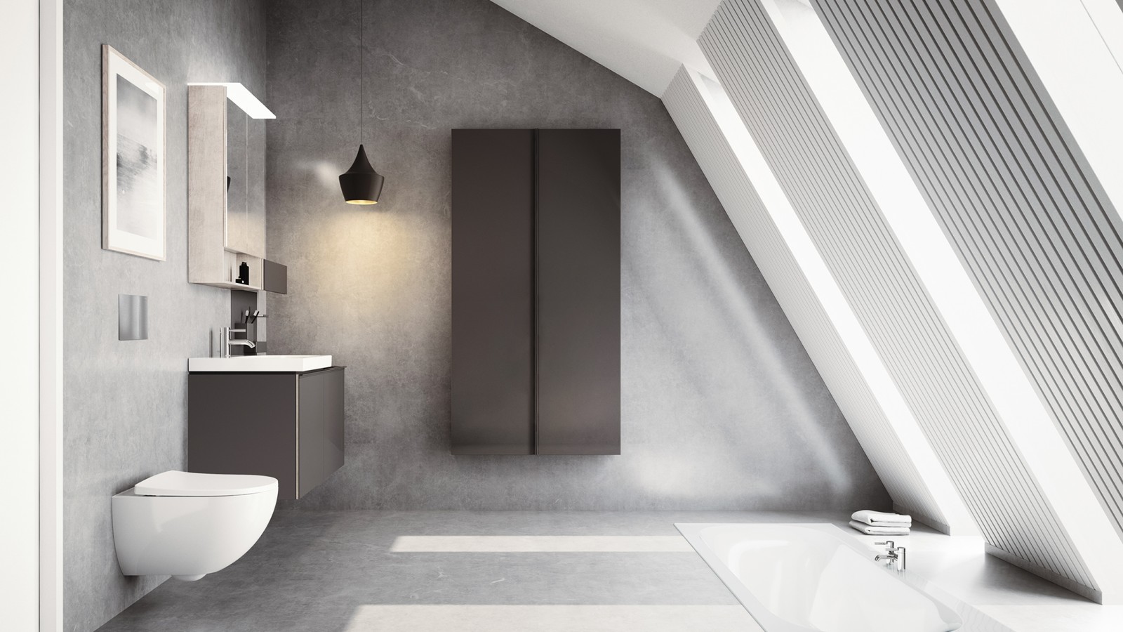 Badkamer met schuinplafond en Geberit Acanto meubels Badkamer met schuinplafond en Geberit Acanto meubels