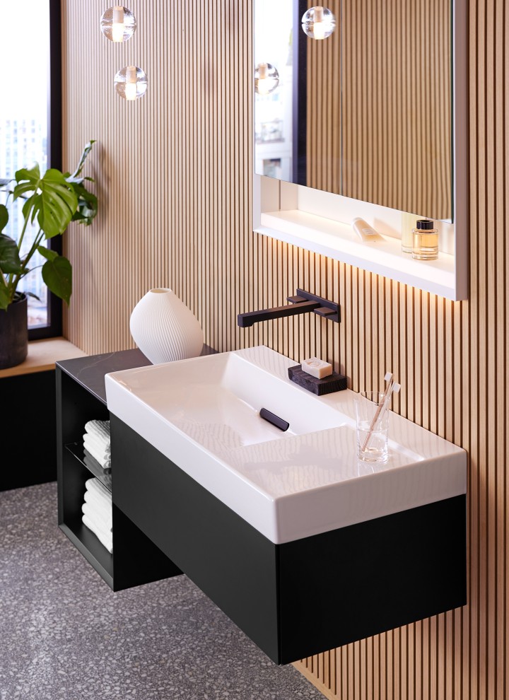 Producten in mat zwart uit de Geberit ONE badkamerserie (© Geberit) Producten in mat zwart uit de Geberit ONE badkamerserie (© Geberit)