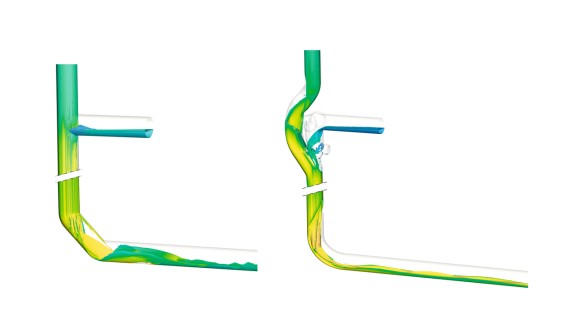 Bij het gebruik van twee 45°-bochten in d160 (zoals links op de afbeelding) ontstaan turbulenties in de leidingen, wat leidt tot een verhoogde geluidsproductie. Daarentegen zorgt de Geberit Silent-db20 BottomTurn-bocht (zoals rechts op de afbeelding) ervoor dat de ringvormige stroming uit de standleiding rustig en gecontroleerd overgaat in een gelaagde stroming. Uit stromingsanalyses blijkt dat deze aanpak zorgt voor een gelijkmatig verloop van de stroming en daarmee een drastische vermindering van storend geluid — aangetoond in praktijktests, zelfs in aangrenzende ruimte Bij het gebruik van twee 45°-bochten in d160 (zoals links op de afbeelding) ontstaan turbulenties in de leidingen, wat leidt tot een verhoogde geluidsproductie. Daarentegen zorgt de Geberit Silent-db20 BottomTurn-bocht (zoals rechts op de afbeelding) ervoor dat de ringvormige stroming uit de standleiding rustig en gecontroleerd overgaat in een gelaagde stroming. Uit stromingsanalyses blijkt dat deze aanpak zorgt voor een gelijkmatig verloop van de stroming en daarmee een drastische vermindering van storend geluid — aangetoond in praktijktests, zelfs in aangrenzende ruimte