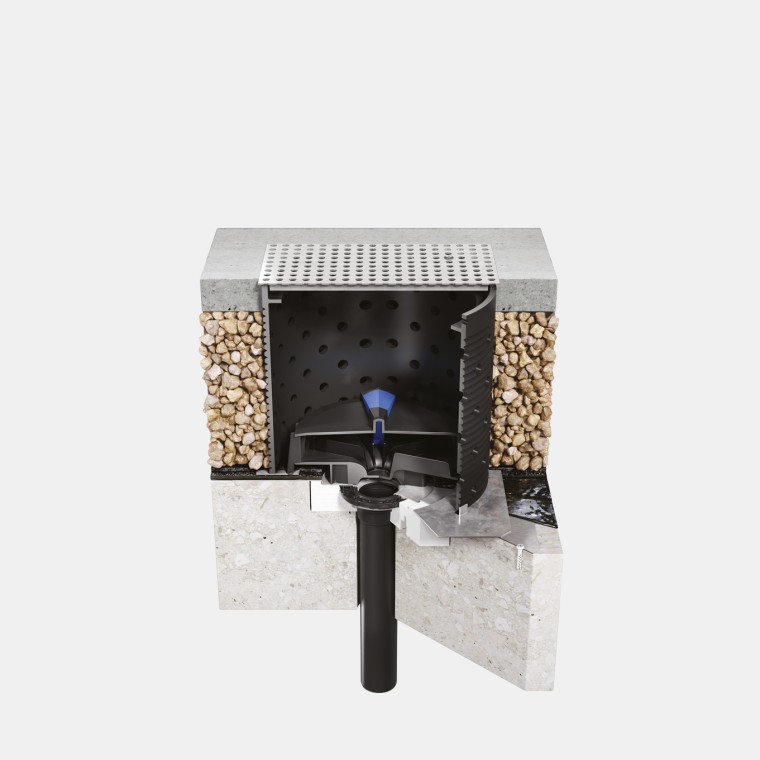 Installatie van Geberit Pluvia op een beloopbaar betondak met bitumen dakafdichting