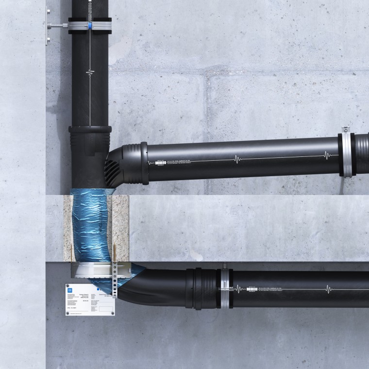 Geberit Silent-Pro SuperTube: Opbouwinstallatie van het brandschot in U-vorm Geberit Silent-Pro SuperTube: Opbouwinstallatie van het brandschot in U-vorm