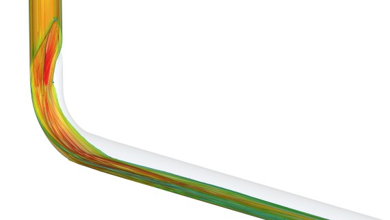 De CFD-animatie toont het geringe impulsverlies van de stroming in de Geberit BottomTurn bocht.