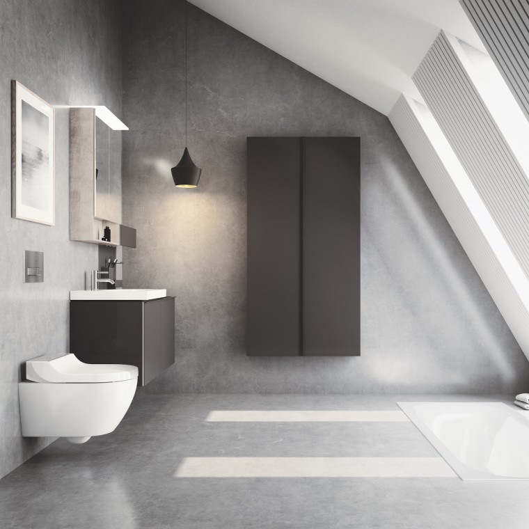 Geberit AquaClean Tuma douchewc met de designplaat in geborsteld rvs Geberit AquaClean Tuma douchewc met de designplaat in geborsteld rvs