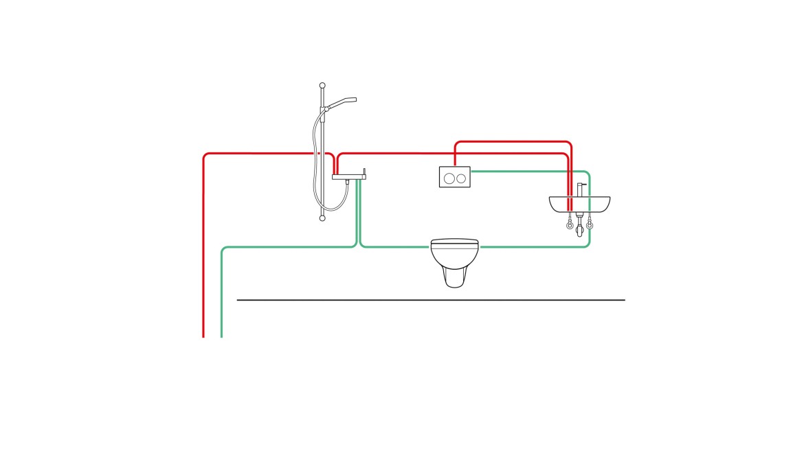 Voorbeeld van het leidingwerk van een intervalgestuurd inbouwreservoir met hygiënische spoeling (© Geberit)