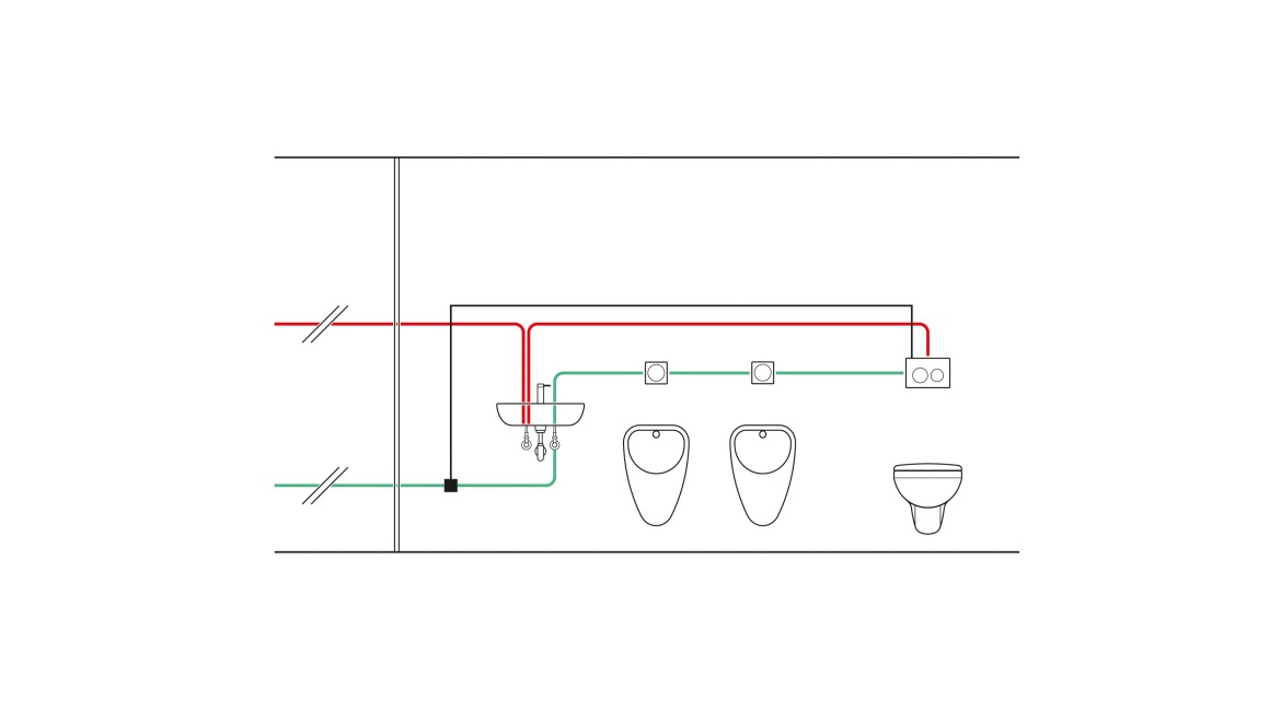 Voorbeeld van het leidingwerk van een temperatuurgeregeld inbouwreservoir met hygiënische spoeling en met gebruik van een temperatuursensor (© Geberit)