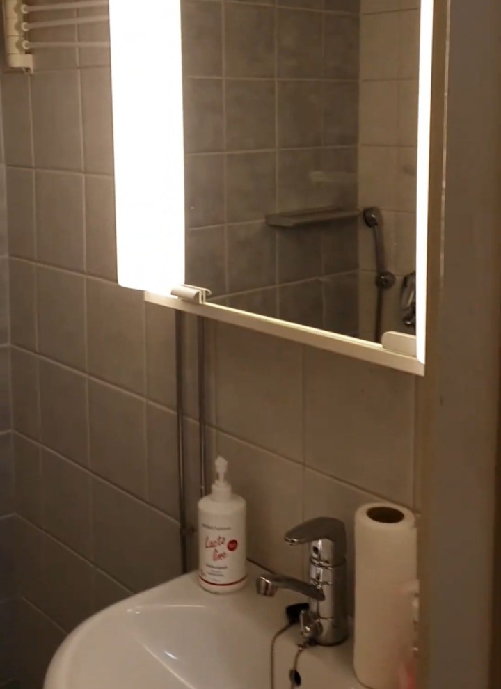 Een voorfoto van de kleine badkamer met spiegelkast en wastafel (© Meja Hynynen)