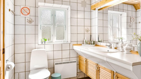 De originele badkamer met vloerstaande wc, witte tegels en houten badkamermeubels (© @triner2 und @strandparken3)