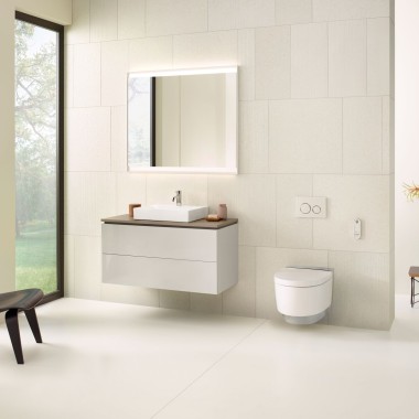 Beige badkamer met spiegelkast, opzetwastafel, wastafelblad, wastafelonderkast, bedieningsplaat en douchewc van Geberit