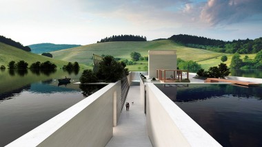 Het H.O.M.E. huis 2022 ontworpen door Hadi Teherani Architects, ingebed in een groen heuvellandschap (©Bloomrealities/HTA für H.O.M.E. Haus 2022)