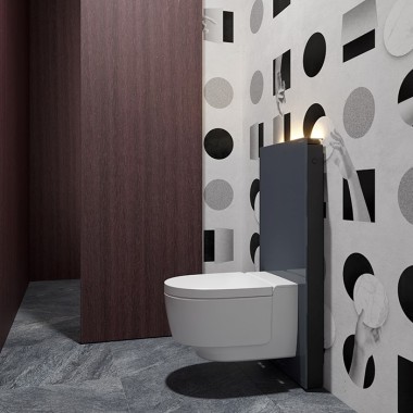 Gastentoilet met Geberit AquaClean Mera douchewc en Monolith sanitairmodule (©Bloomrealities/HTA voor H.O.M.E. Haus 2022)