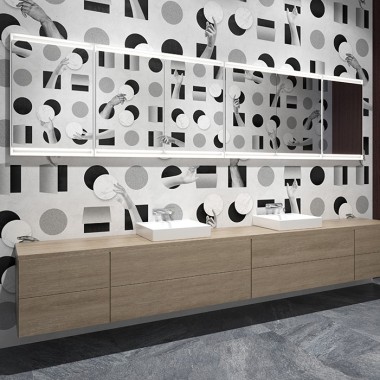 Wastafel met Geberit ONE spiegelkasten en meubels met houten oppervlakken (©Bloomrealities/HTA voor H.O.M.E. Haus 2022)