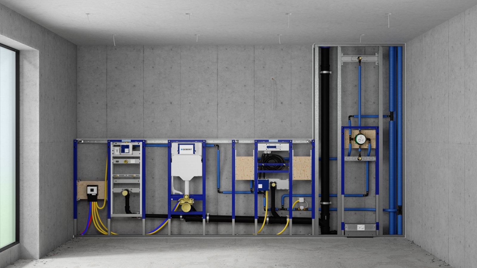 Installatiewand met Geberit Duofix elementen voor urinoir, WC, wastafel en douche Installatiewand met Geberit Duofix elementen voor urinoir, WC, wastafel en douche