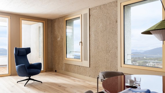 In het grootste hennephuis van Europa zijn in het interieur hennepstenen toegepast. (© Openly / Jens Ellensohn)