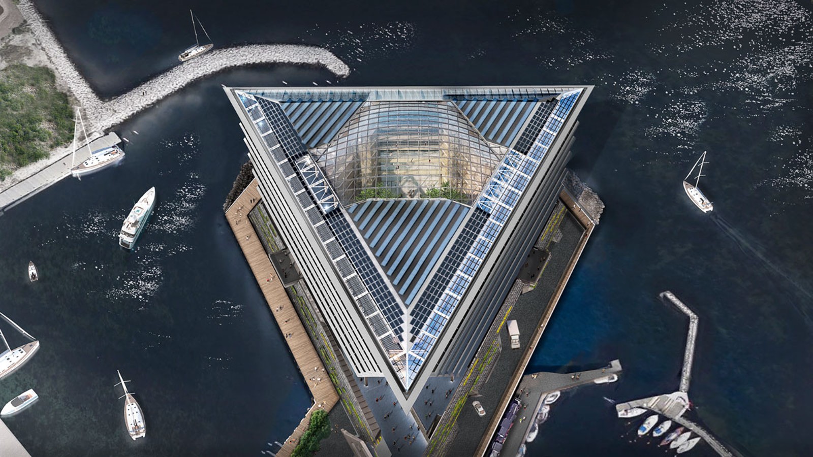 Ondanks de zichtbare ligging moet de driehoekige dakconstructie inclusief glazen koepel weer en wind kunnen weerstaan (©Foster&Partners) Ondanks de zichtbare ligging moet de driehoekige dakconstructie inclusief glazen koepel weer en wind kunnen weerstaan (©Foster&Partners)