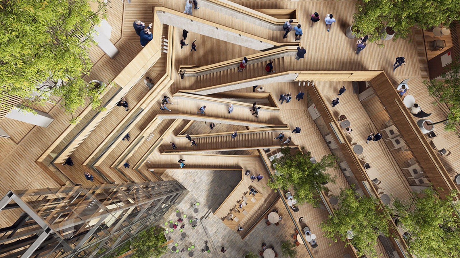 Het hart van het nieuwe hoofdkantoor is het atrium, een binnenplaats waarrond trappen en liften naar de verdiepingen leiden (©Foster&Partners) Het hart van het nieuwe hoofdkantoor is het atrium, een binnenplaats waarrond trappen en liften naar de verdiepingen leiden (©Foster&Partners)