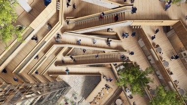 Het hart van het nieuwe hoofdkantoor is het atrium, een binnenplaats waarrond trappen en liften naar de verdiepingen leiden (©Foster&Partners)