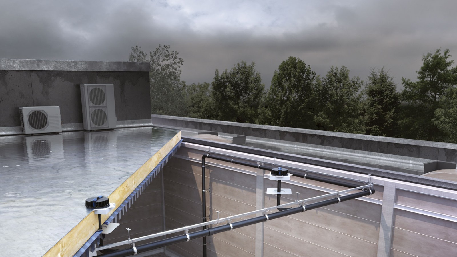 Het Pluvia hemelafvoersysteem kan alle drie de torens afwateren met relatief weinig inlaatelementen (© Geberit)