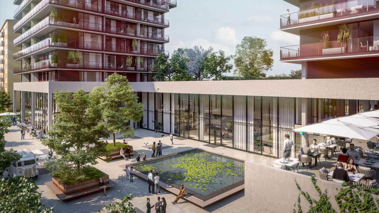 Op de begane grond zijn de drie torens met elkaar verbonden (© Soravia) Op de begane grond zijn de drie torens met elkaar verbonden (© Soravia)