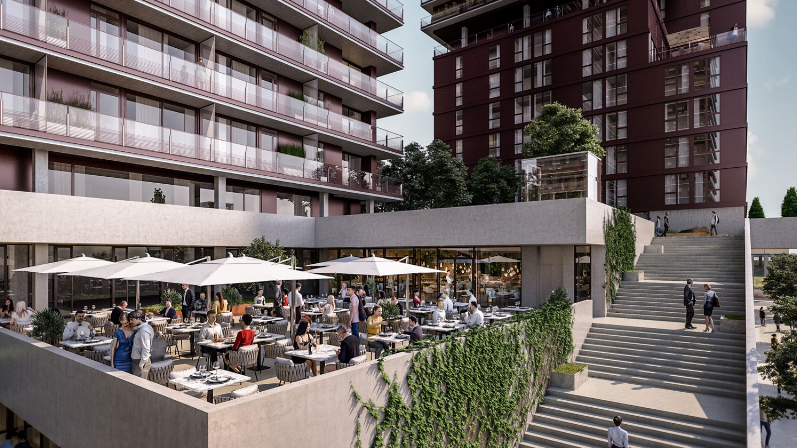 Uitgestrekte dakterrassen en gastronomie maken deel uit van het aanbod (© Soravia)