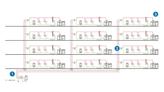 Systeemvergelijking voor een voorbeeldhuis met twaalf wooneenheden op vier etages