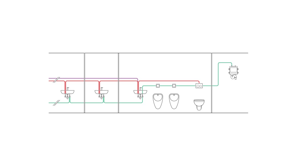 Voorbeeld van het leidingwerk van een intervalgestuurde hygiënespoeling met twee klaslokalen, WC en technische ruimte (© Geberit)