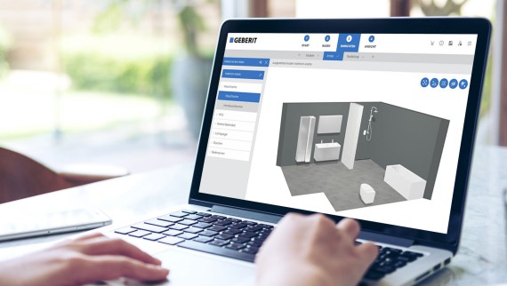 Iemand ontwerpt een badkamer virtueel met behulp van de Geberit 3D-badkamerplanner op zijn laptop