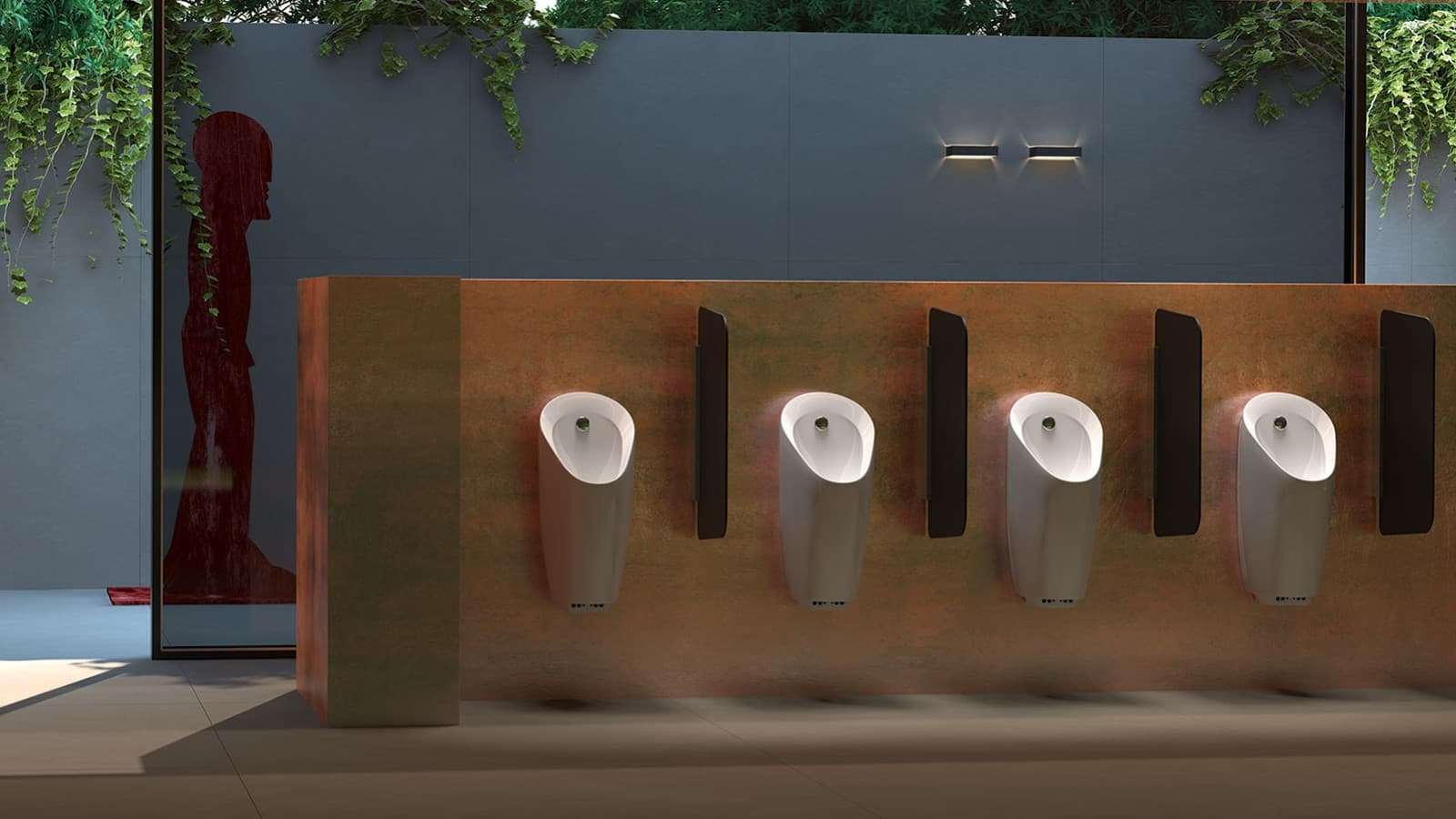 Openbare sanitaire inrichting met Geberit urinoirs en scheidingswanden Openbare sanitaire inrichting met Geberit urinoirs en scheidingswanden