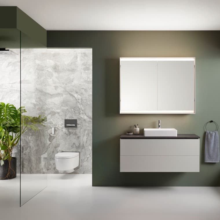 Geberit AquaClean Mera Comfort toiletsysteem in een Geberit ONE badkamer Geberit AquaClean Mera Comfort toiletsysteem in een Geberit ONE badkamer