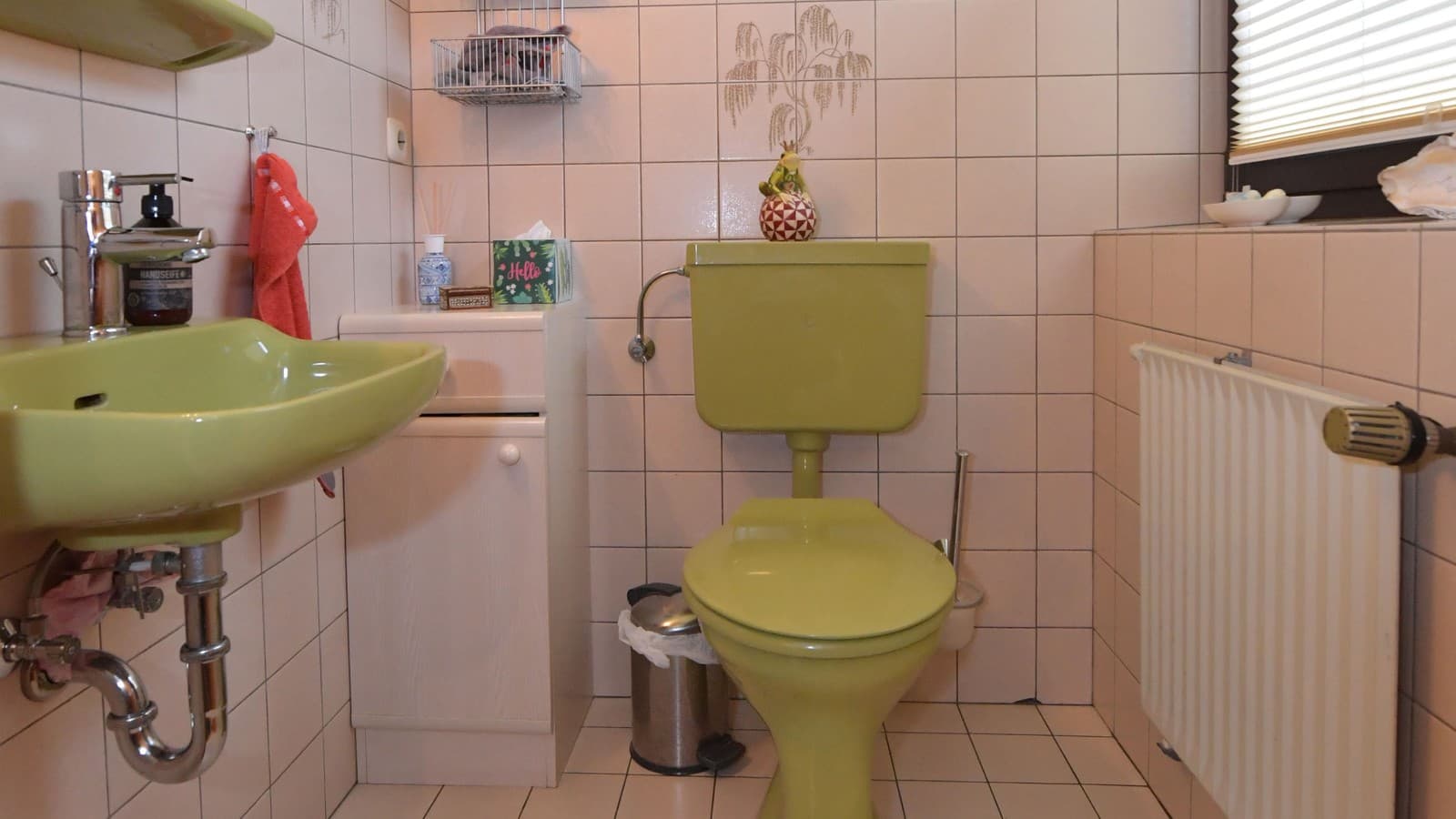 Het groene gastentoilet uit de jaren 80 vóór de renovatie Het groene gastentoilet uit de jaren 80 vóór de renovatie