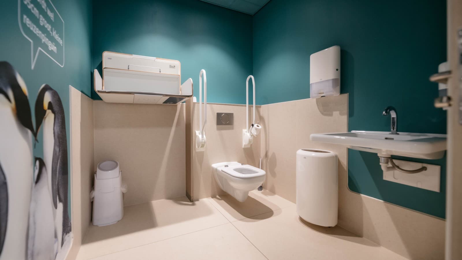 Ook de inrichting van het gehandicapten-toilet bestaat grotendeels uit producten van Geberit (© Michiel Stock). Ook de inrichting van het gehandicapten-toilet bestaat grotendeels uit producten van Geberit (© Michiel Stock).