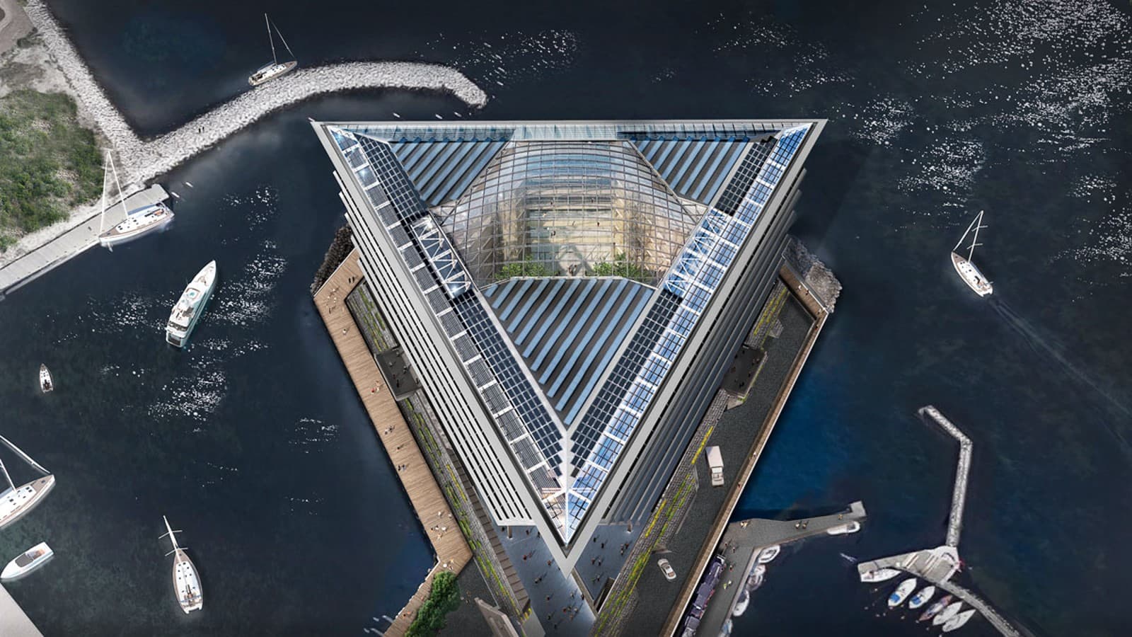 Ondanks de zichtbare ligging moet de driehoekige dakconstructie inclusief glazen koepel weer en wind kunnen weerstaan (©Foster&Partners) Ondanks de zichtbare ligging moet de driehoekige dakconstructie inclusief glazen koepel weer en wind kunnen weerstaan (©Foster&Partners)