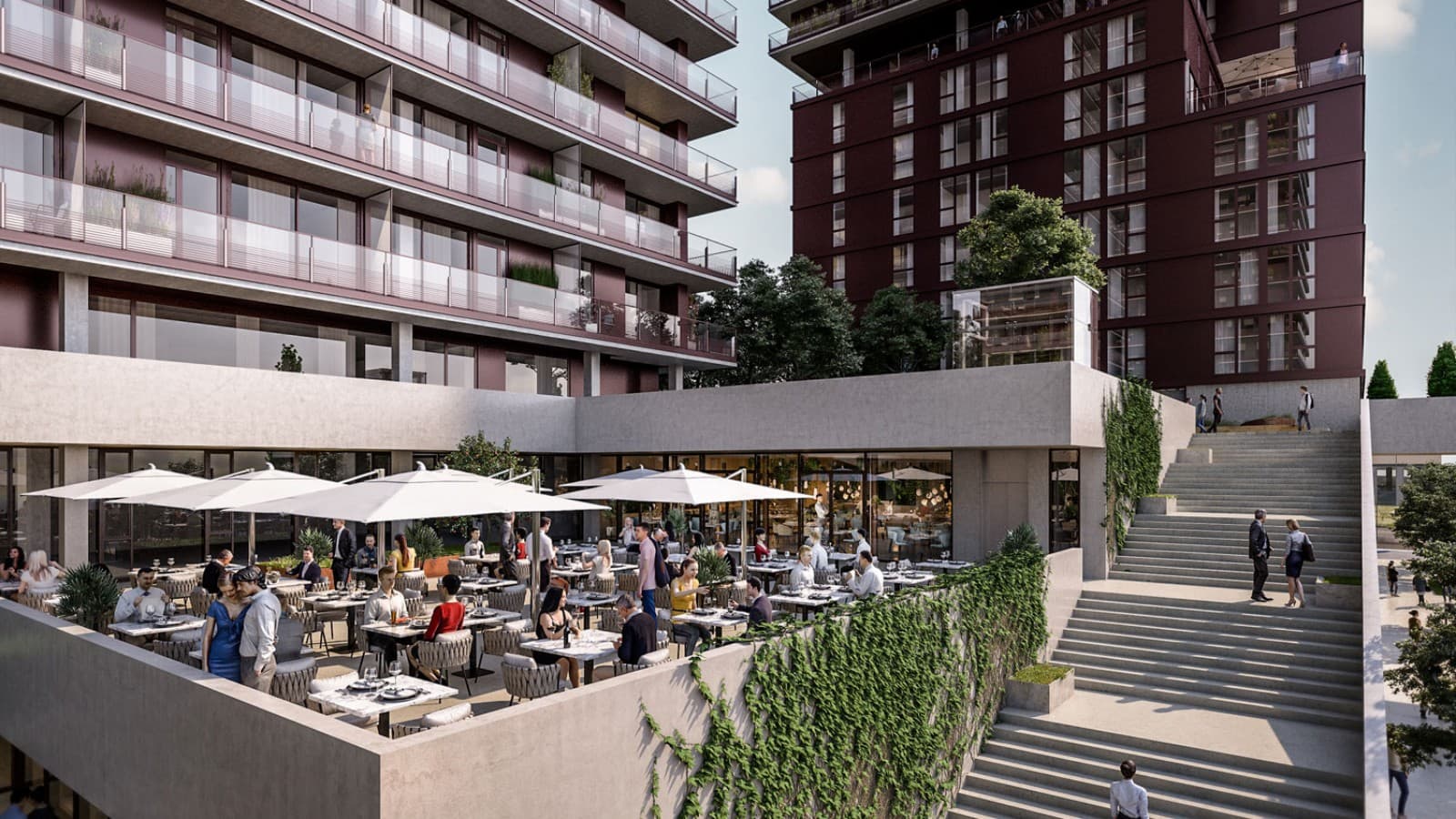 Uitgestrekte dakterrassen en gastronomie maken deel uit van het aanbod (© Soravia) Uitgestrekte dakterrassen en gastronomie maken deel uit van het aanbod (© Soravia)