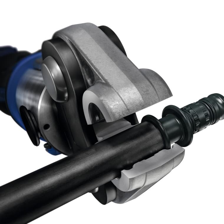 Onderhoudsvrije Geberit Mepla-persbek. Op maat gemaakt ontwerp van de persbek en Mepla-fitting. Onderhoudsvrije Geberit Mepla-persbek. Op maat gemaakt ontwerp van de persbek en Mepla-fitting.