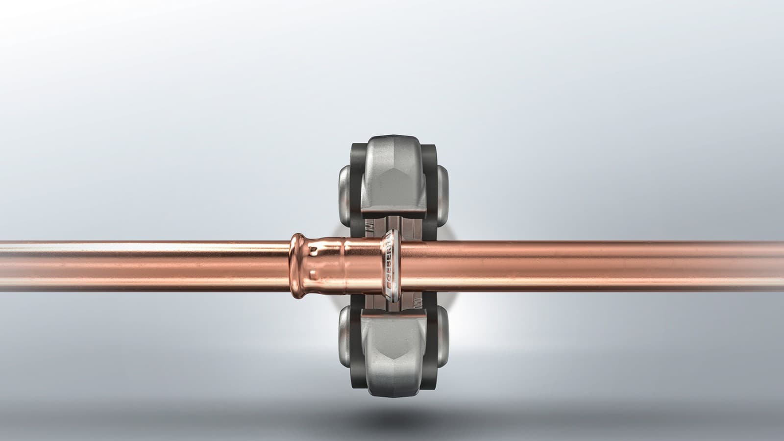 Geberit Mapress koper fitting met witte persindicatoren Geberit Mapress koper fitting met witte persindicatoren